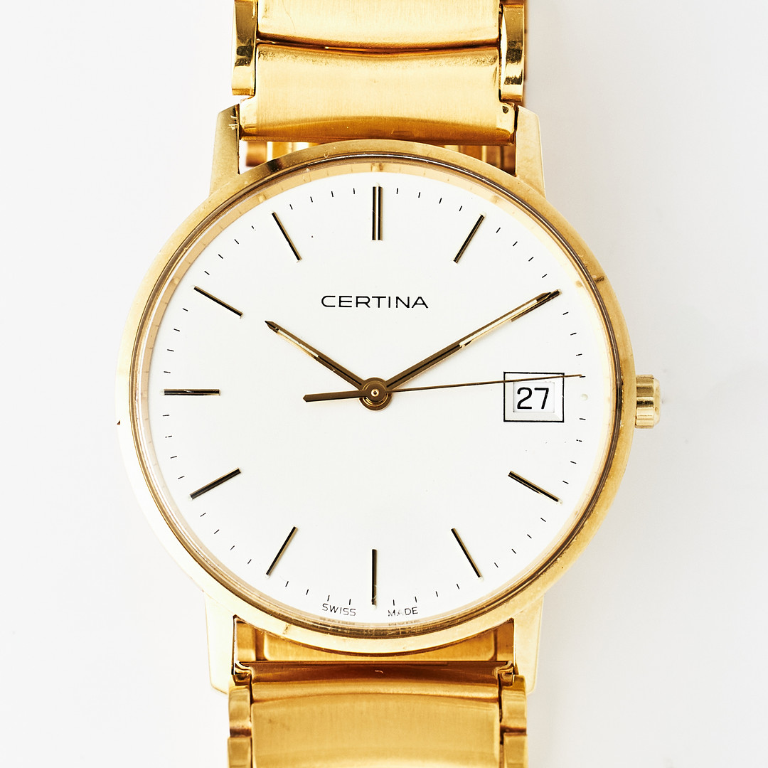 CERTINA, armbandsur, 18 k guld, quartz, plexiglas, datum, metallänk ej i original, viklås, ca 1995.