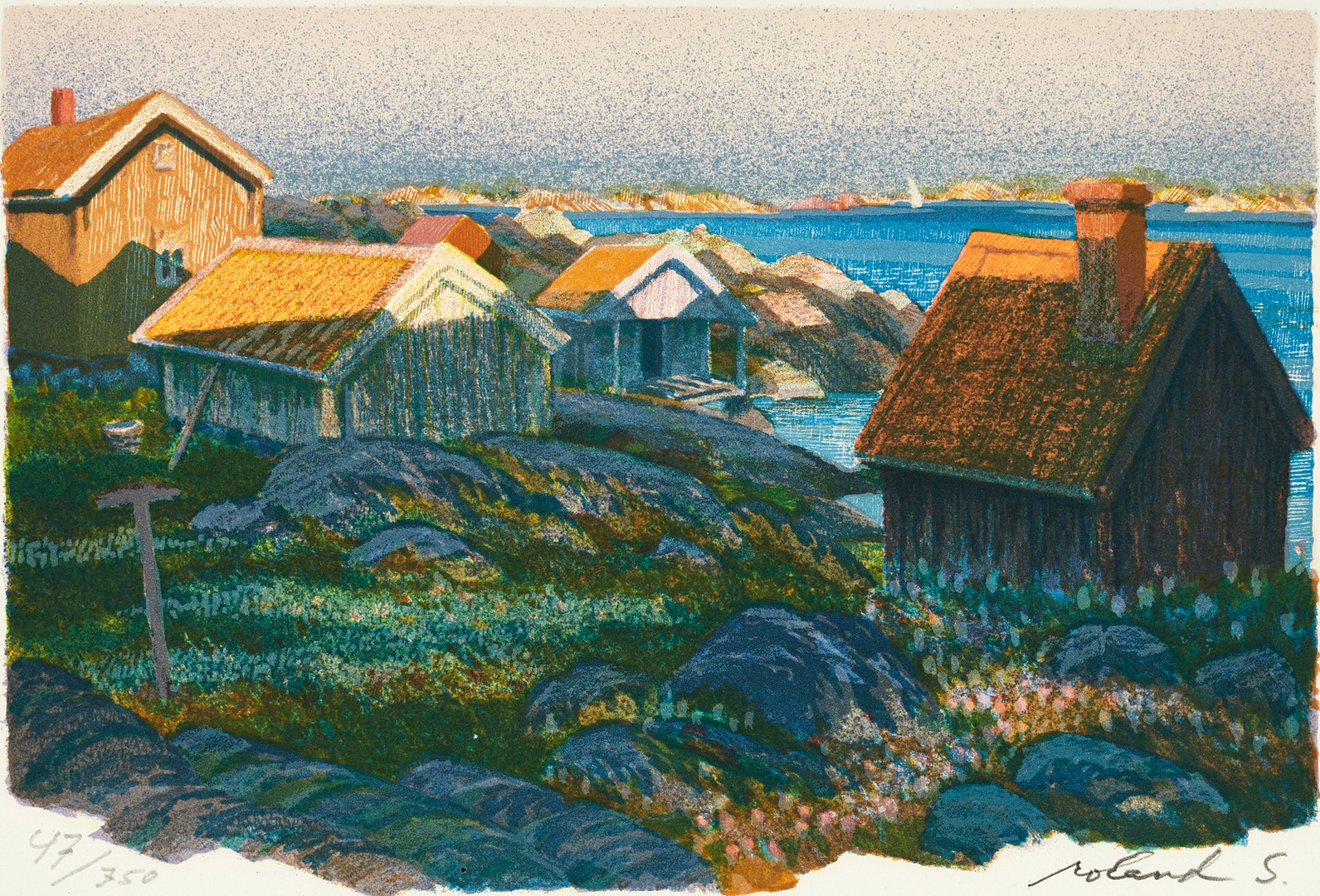 ROLAND SVENSSON (1910-2003), "Sommarkväll i Storskärgården", signerad och numrerad roland S. 47/350, färglitografi.