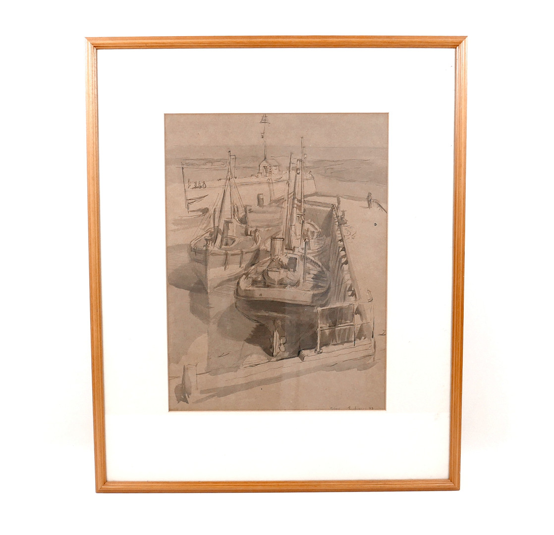 LESLIE GIBSON (1910-1969) INK AND WASH "SEAHOUSES NORTHUMBERLAND" 1933.