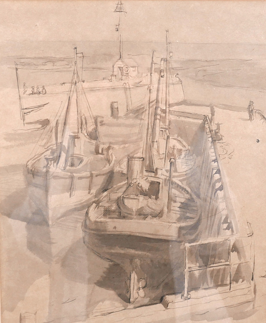 LESLIE GIBSON (1910-1969) INK AND WASH "SEAHOUSES NORTHUMBERLAND" 1933.