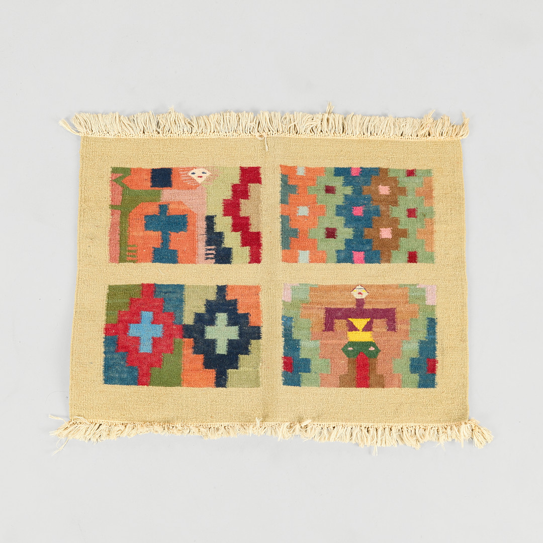 Tæppe med geometriske figurmotiver, kelim, uld på bomuld, 60 x 46 cm, Tunesien.