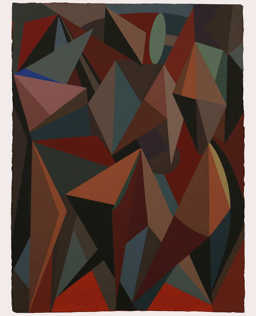 C GÖRAN KARLSSON. Serigrafi, komposition, "Trehörningarnas möte" numrerad 55/125, signerad CGK, Tryckt av atelier Ingvar Landberg.