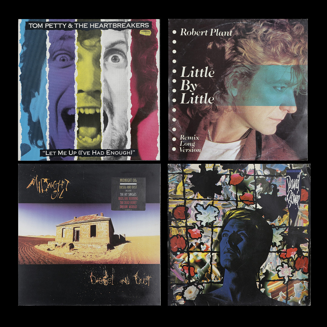 4 LP-SKIVOR, DAVID BOWIE, MIDNIGHT OIL, ROBERT PLANT, TOM PETTY AND THE HEARTBREAKERS.