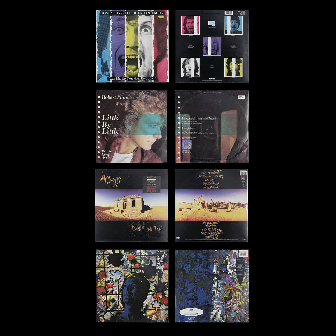 4 LP-SKIVOR, DAVID BOWIE, MIDNIGHT OIL, ROBERT PLANT, TOM PETTY AND THE HEARTBREAKERS.