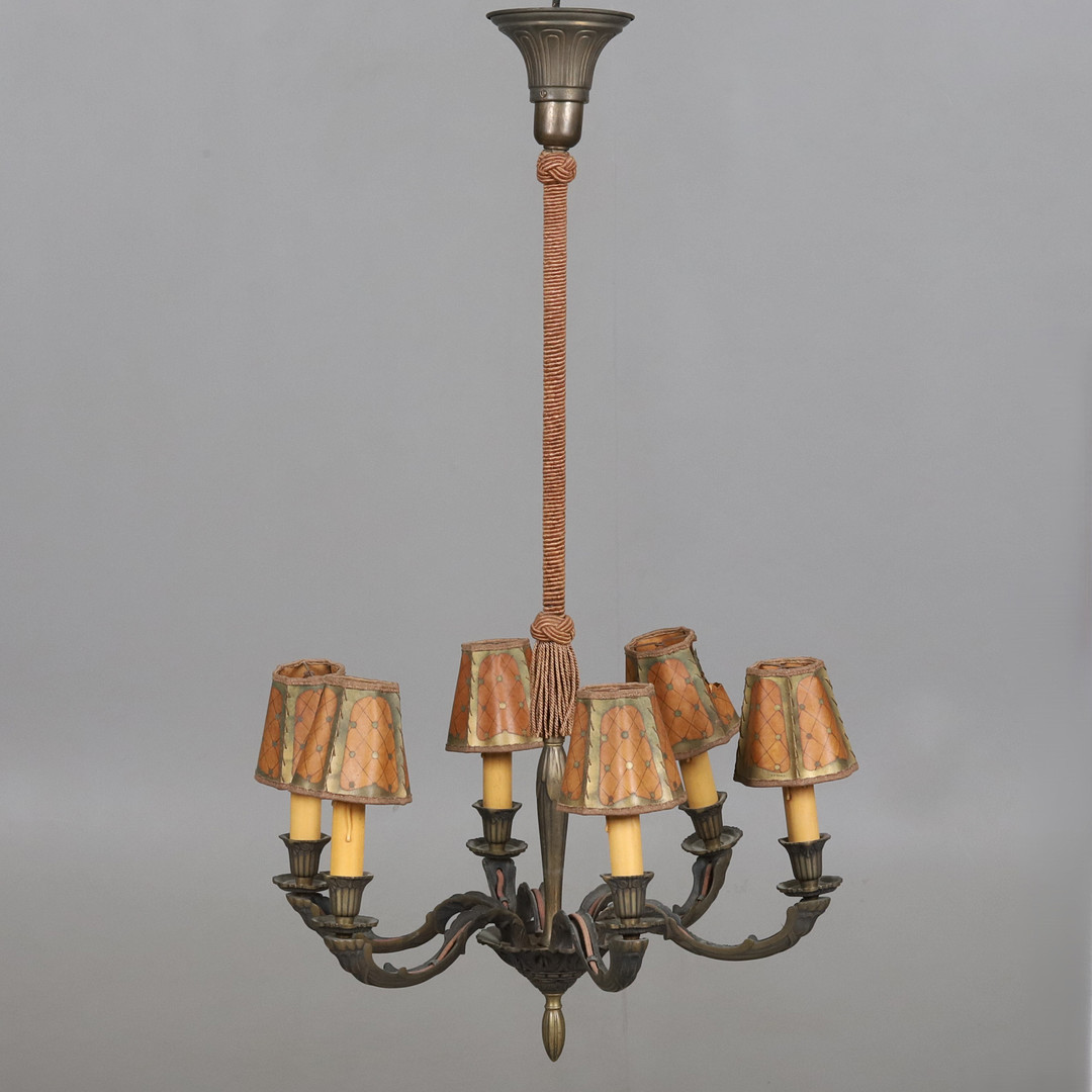 TAKLAMPA. Patinerad gulmetall, 6 armad, omkring 1930-tal.