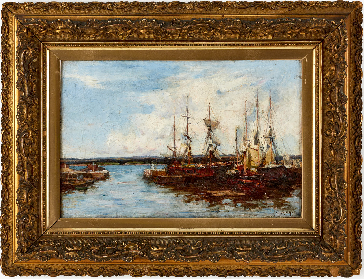 WILLIAM WATT MILNE (ENGLAND, 1865-1949). Fiskebåtar vid skotsk hamn, signerad W. Milne, daterad -91, olja på duk.