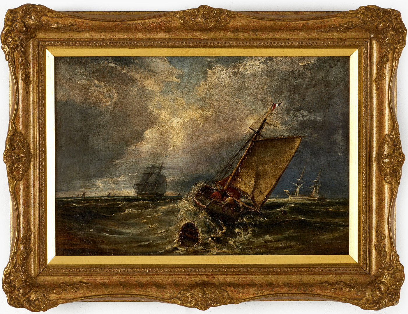 OIDENTIFIERAD KONSTNÄR (1800-tal). Segelskutor på upprört hav, otydligt monogramsignerad och daterad -75, olja på duk.