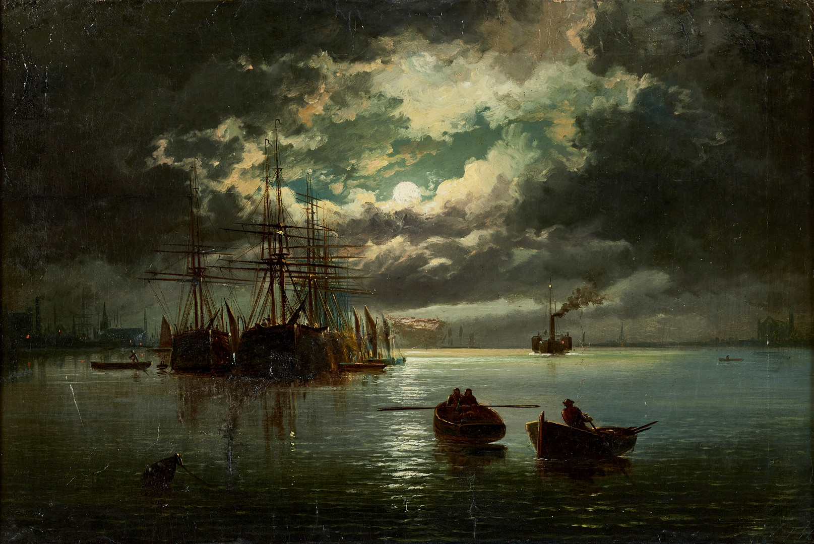 DAVID JAMES (ENGLAND 1853-1904). Månbelyst hamn, signerad D. James, daterad -78, olja på duk, uppfodrad på pannå.