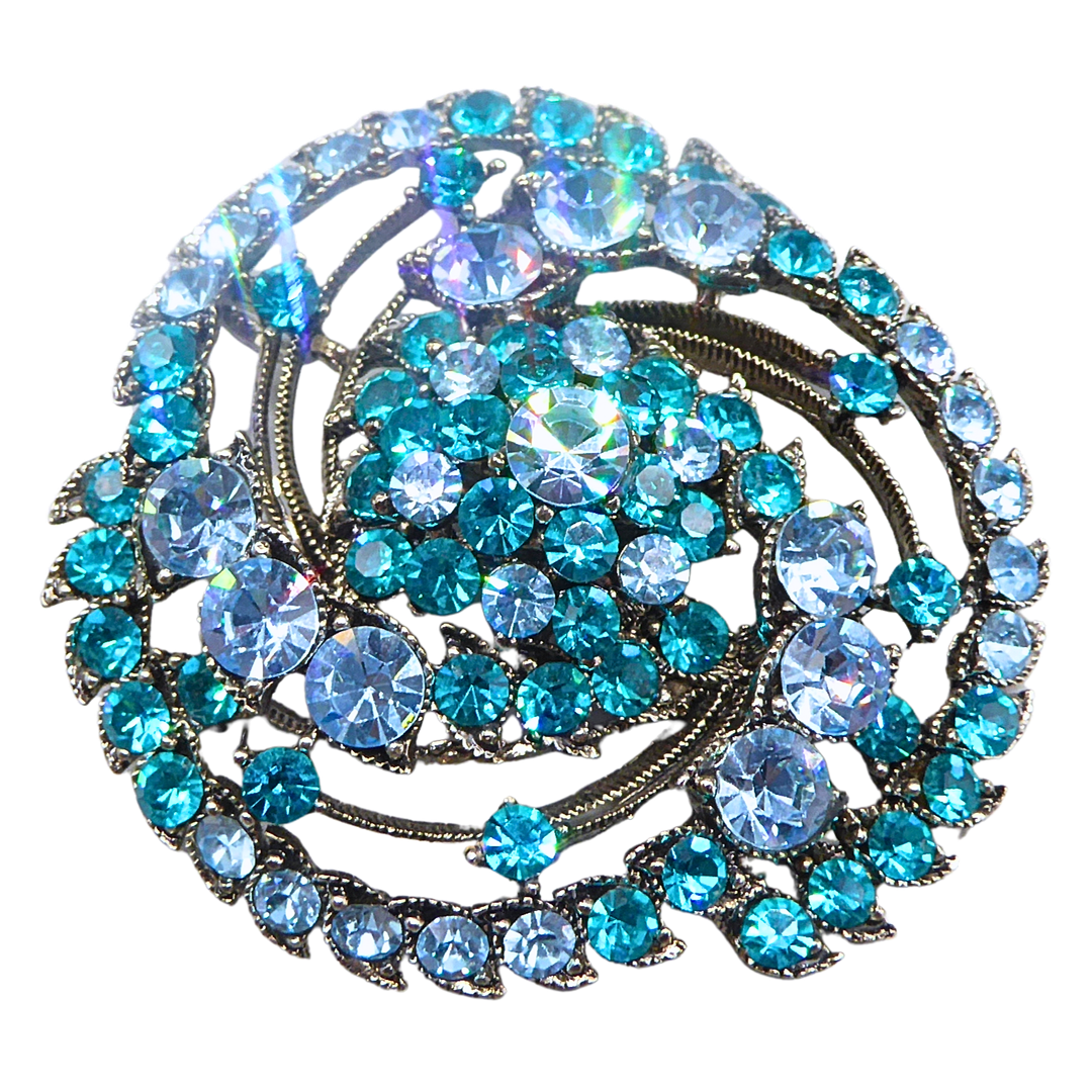 STRASS-BROSCHE IN AQUAMARIN & TÜRKIS.