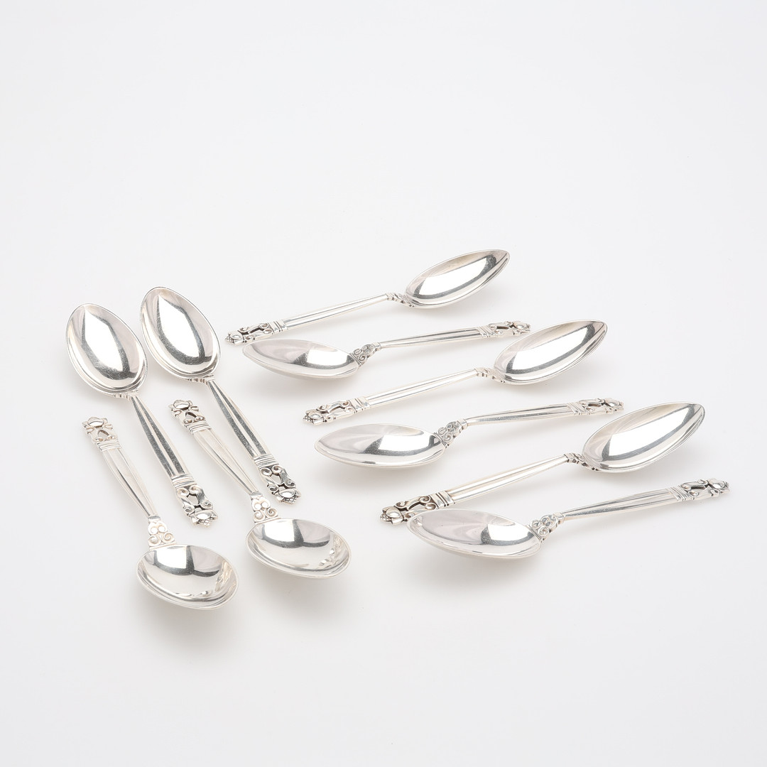 JOHAN ROHDE. DESSERTSKEDAR, TIO STYCKEN, "KONGE/ACORN", FÖR GEORG JENSEN, DANMARK.