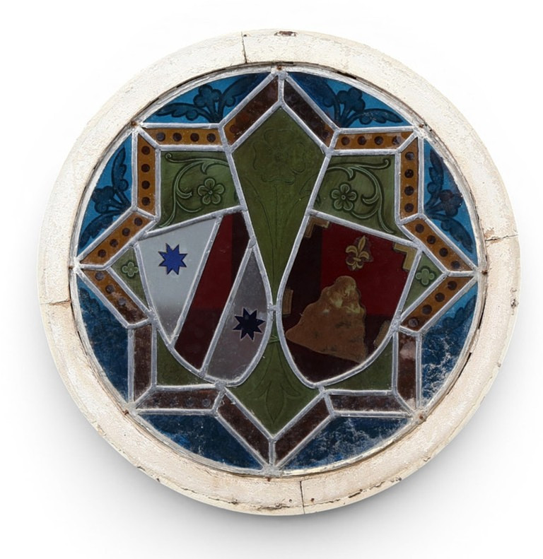 Round stained glass panel with coat of arms, 20th Century.