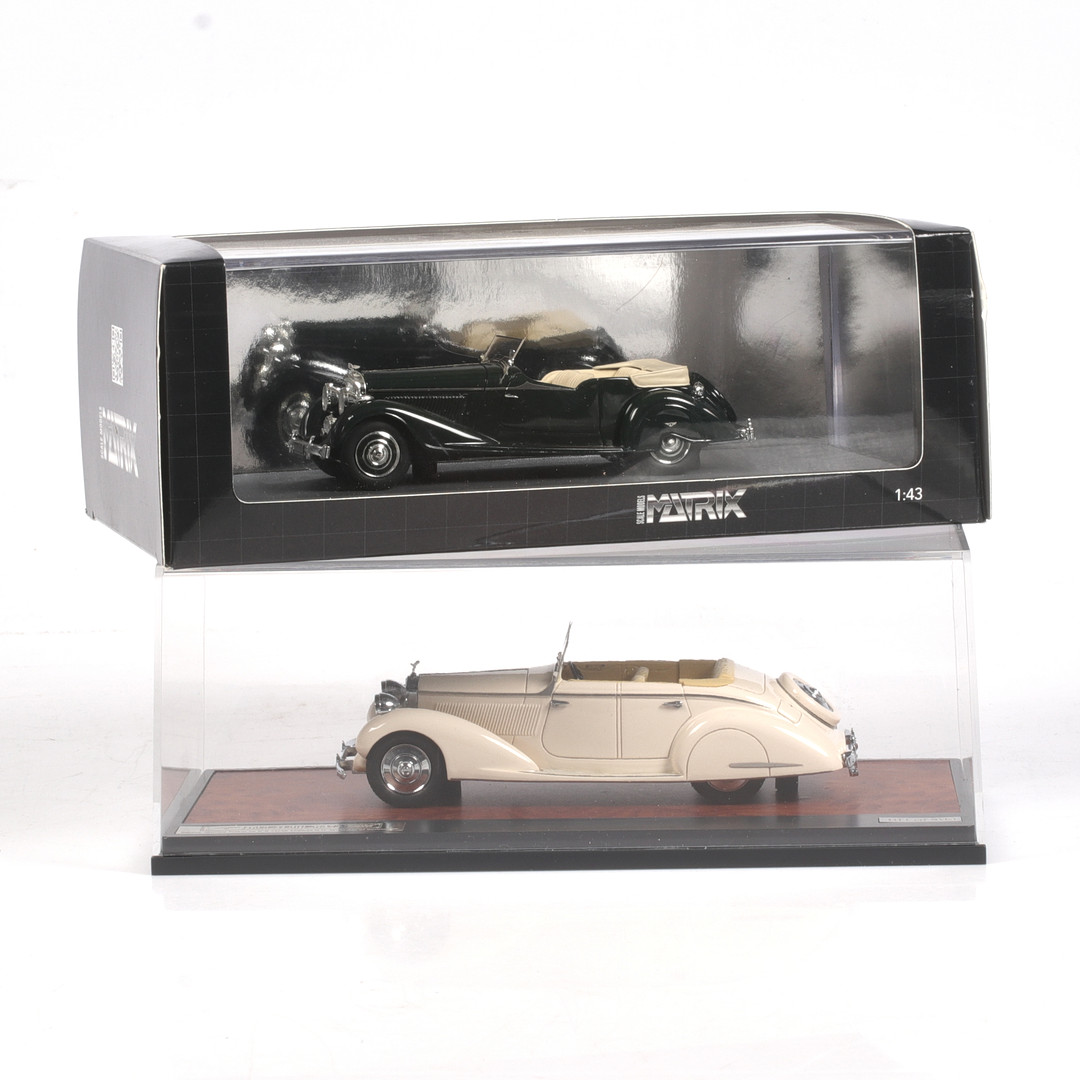 MODELLBILAR, 2 st, metall/resin. Bl.a. Vanden Plas Tourer/Bentley 4 1/4 Liter Chassis, Matrix Models, skala 1:43.