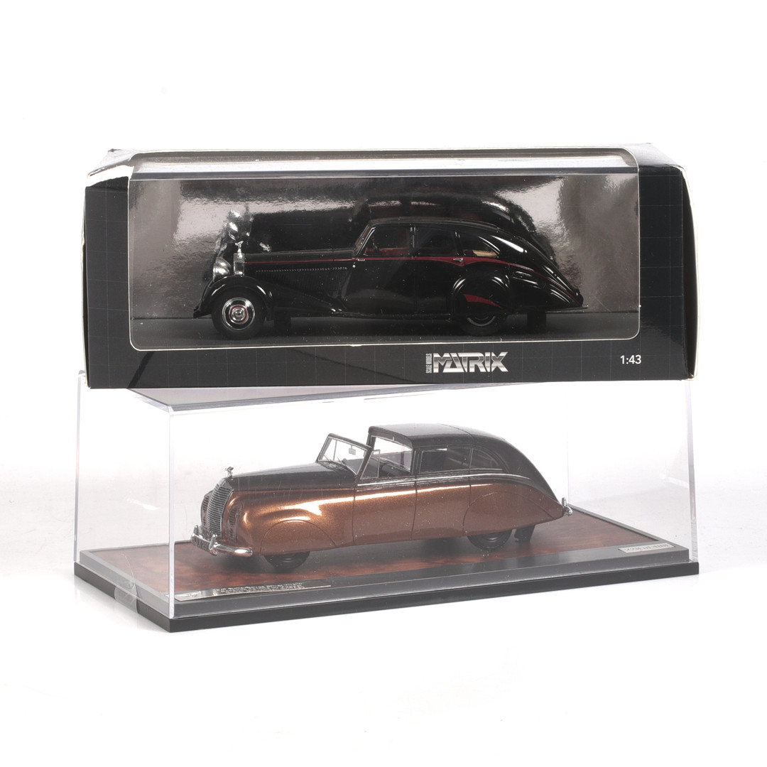 MODELLBILAR, 2 st, metall/resin. Bl.a. Rolls Royce Silver Wraith Sedanca de Ville, Matrix Models, skala 1:43.