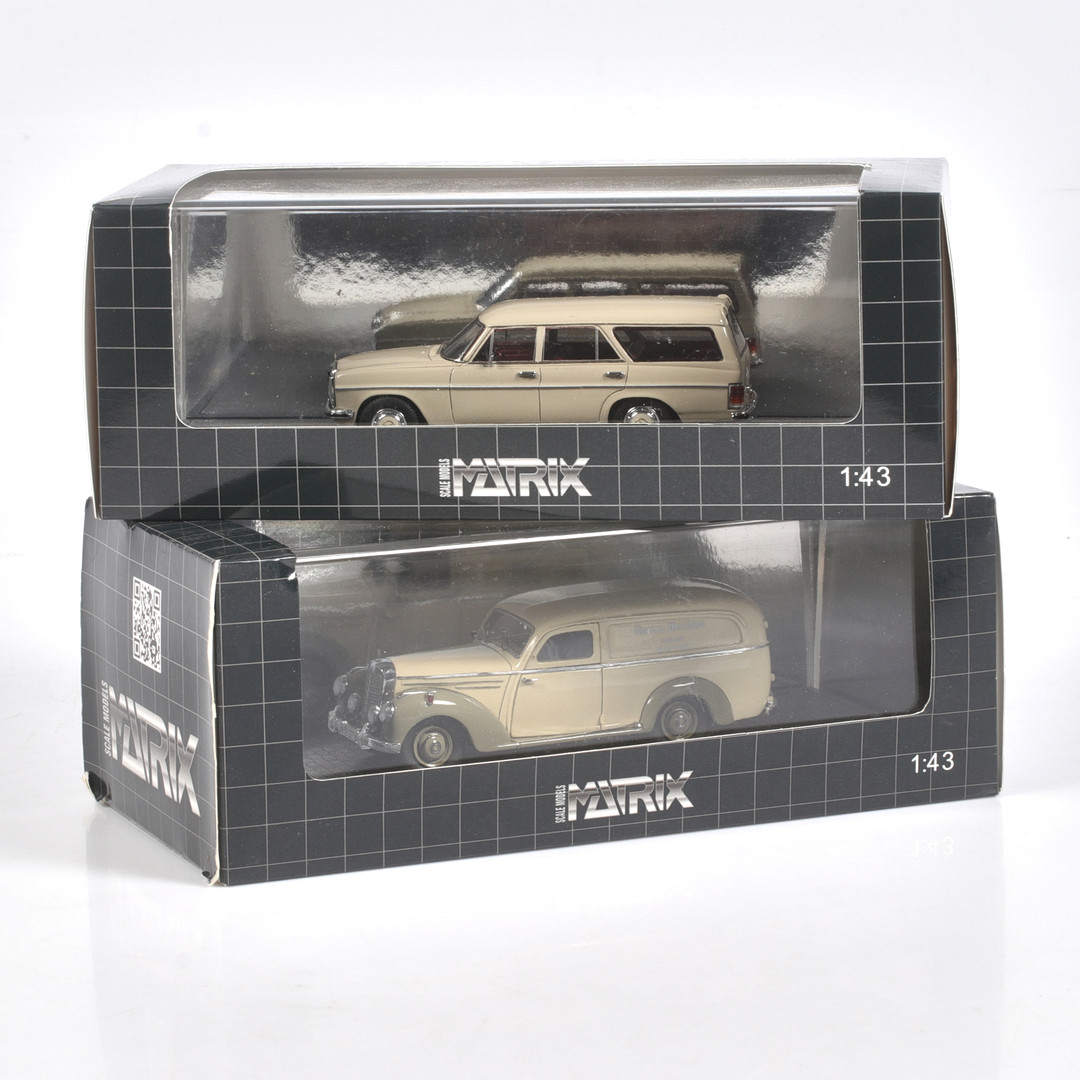MODELLBILAR, 2 st, metall/resin. Bl.a. Mercedes Benz 220, Matrix Models, skala 1:43.