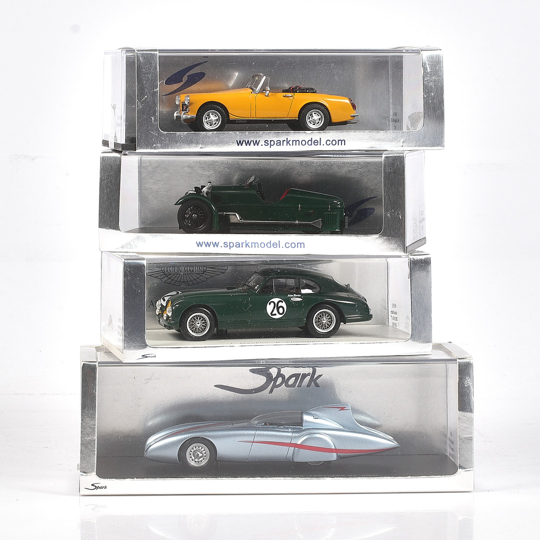 MODELLBILAR, 4 st, metall/resin. Bl.a. MG Midget MK III, 1972, Spark Models, skala 1:43.