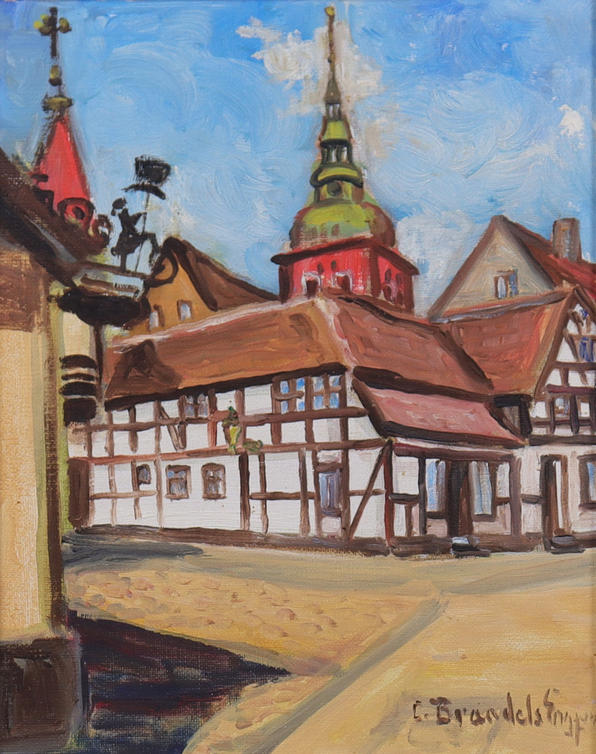 CARIN BRANDELS ENGQVIST (1906-2004). olja på duk, motiv från Ystad.