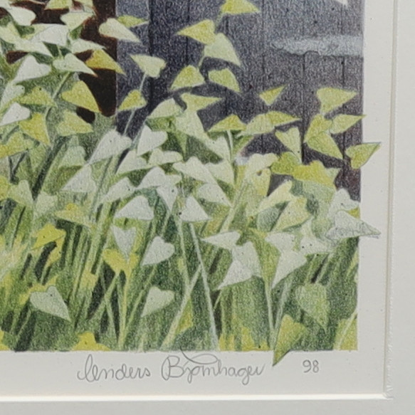 ANDERS BJÖRNHAGER. Naturbild med byggnad, färglitografi, signerad, numrerad och daterad 98.
