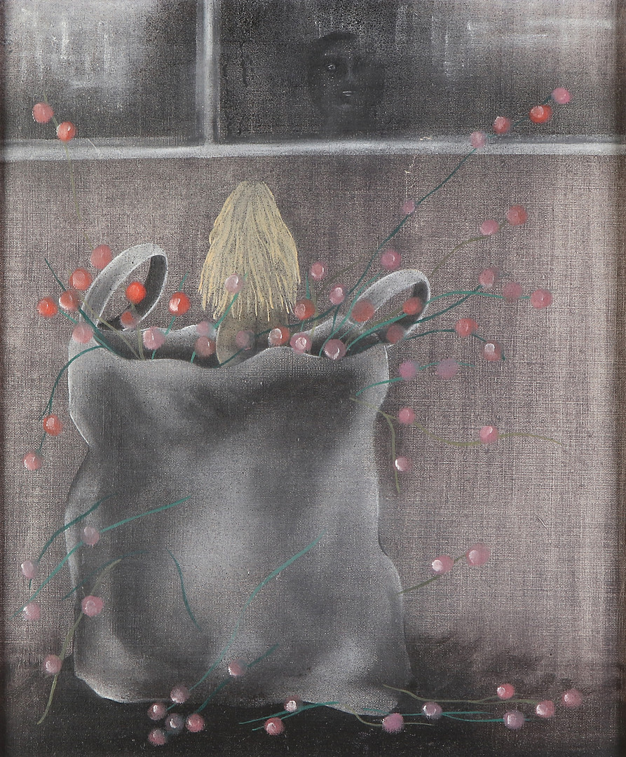 INGRID ANDERSSON. Oljemålning på duk. Surrealistisk komposition. Signerad a tergo.