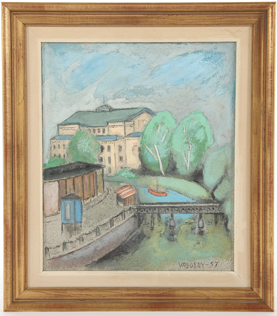 IVAR ERLING VALLDEBY. 1899-1973. Måleri på pannå, "Stora Teatern i Göteborg", signerad -57.
