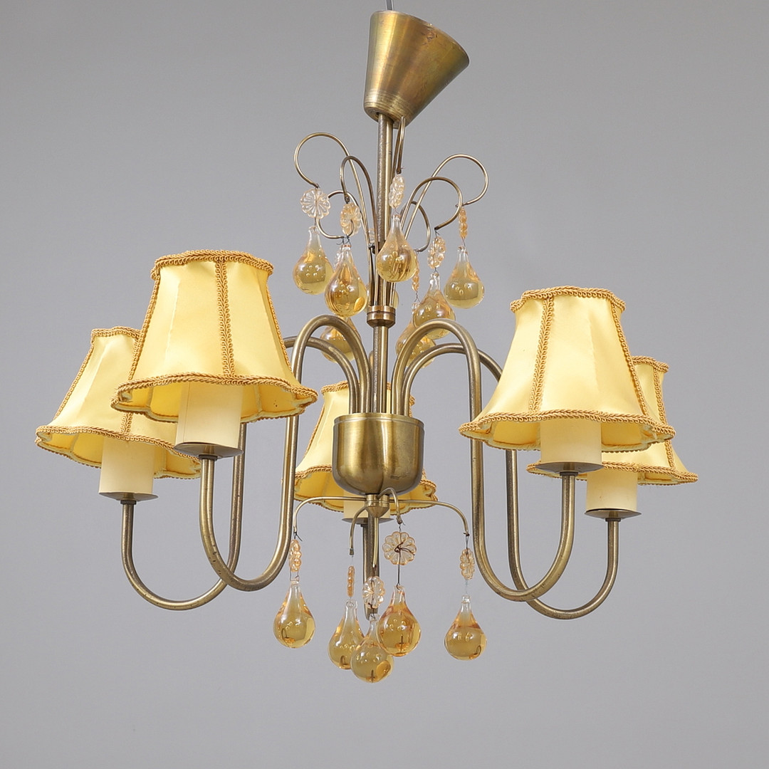 TAKLAMPA, mässing och glas, omkring 1900-talets mitt.
