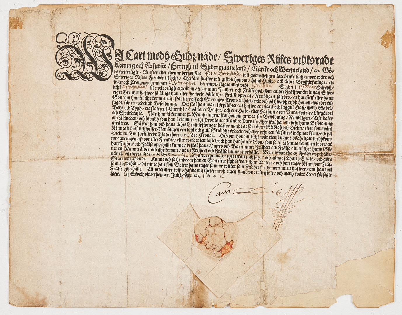 KARL IX, UNDERTECKNAD TRYCKT FRÄLSEBREV, 1606.