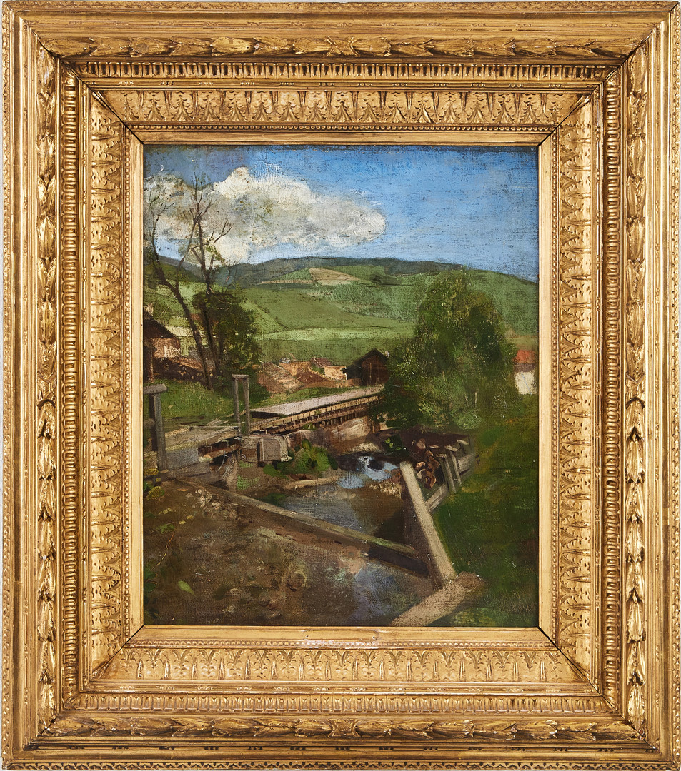ALFRED WAHLBERG. TILLSKRIVEN. Sommarlandskap med kvarn utanför en fransk by.