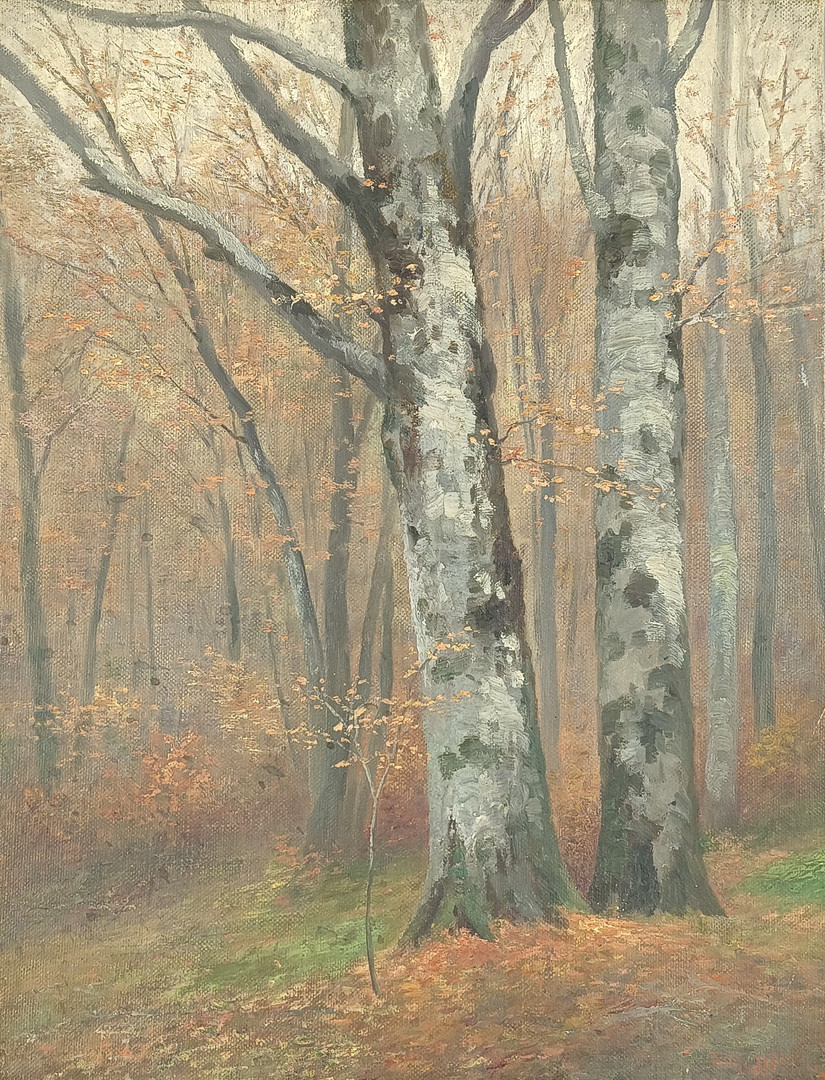 ILLEM, FRANZ JOSEF GEORG. Zwei Buchen im Herbstwald, um 1900, Öl auf Leinwand.