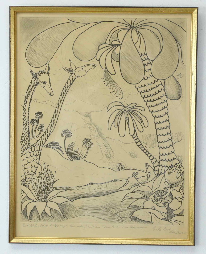 GÖSTA BOHM. torrnålsgravyr, Exotiskt landskap, zinkgravyr, maj 1922, signerad Gösta Bohm.