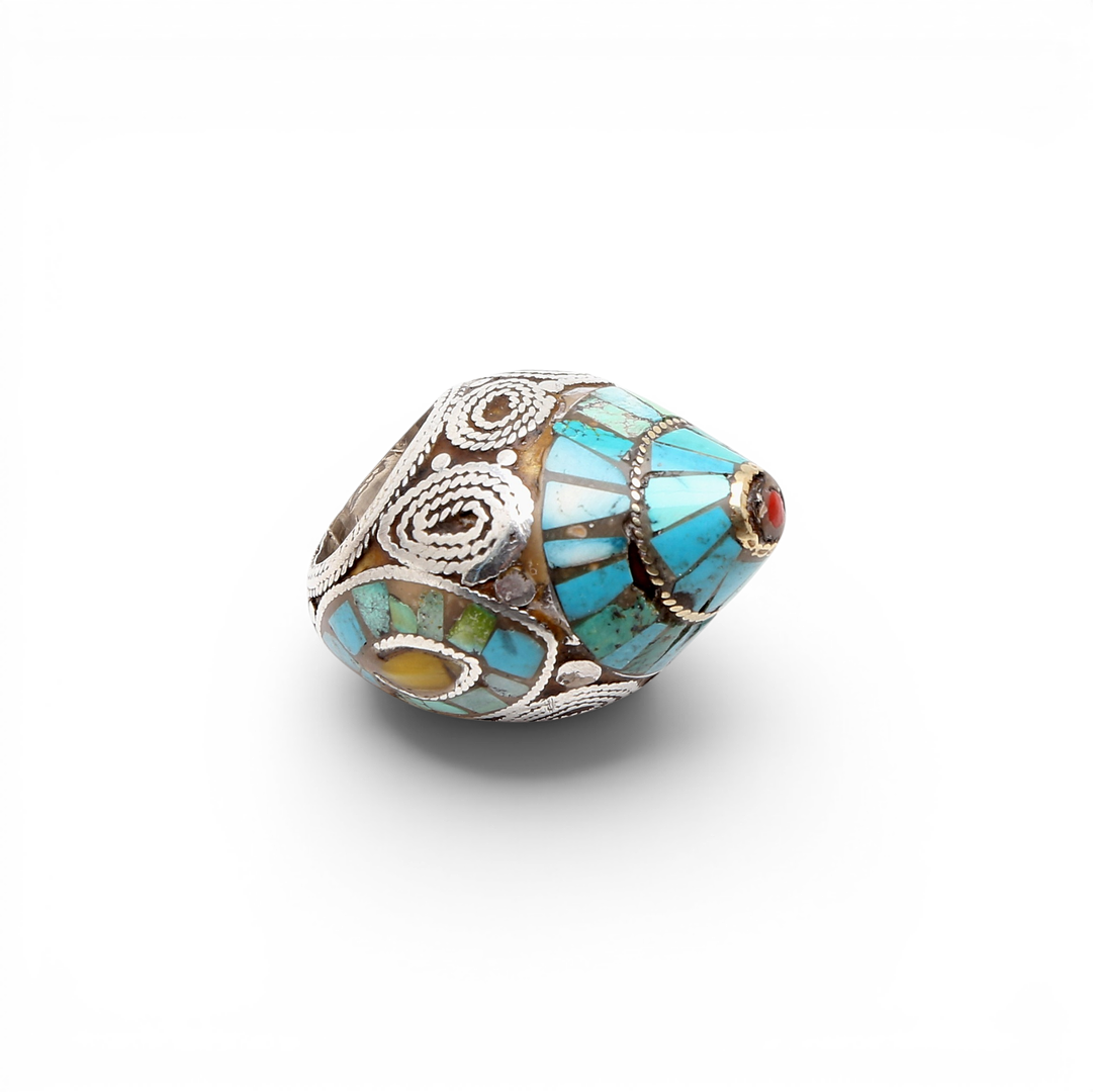 Probably Turkish silver ring with turquoise simile, coral simile and enamel, 20th Century.