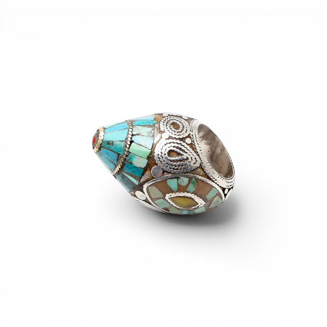 Probably Turkish silver ring with turquoise simile, coral simile and enamel, 20th Century.