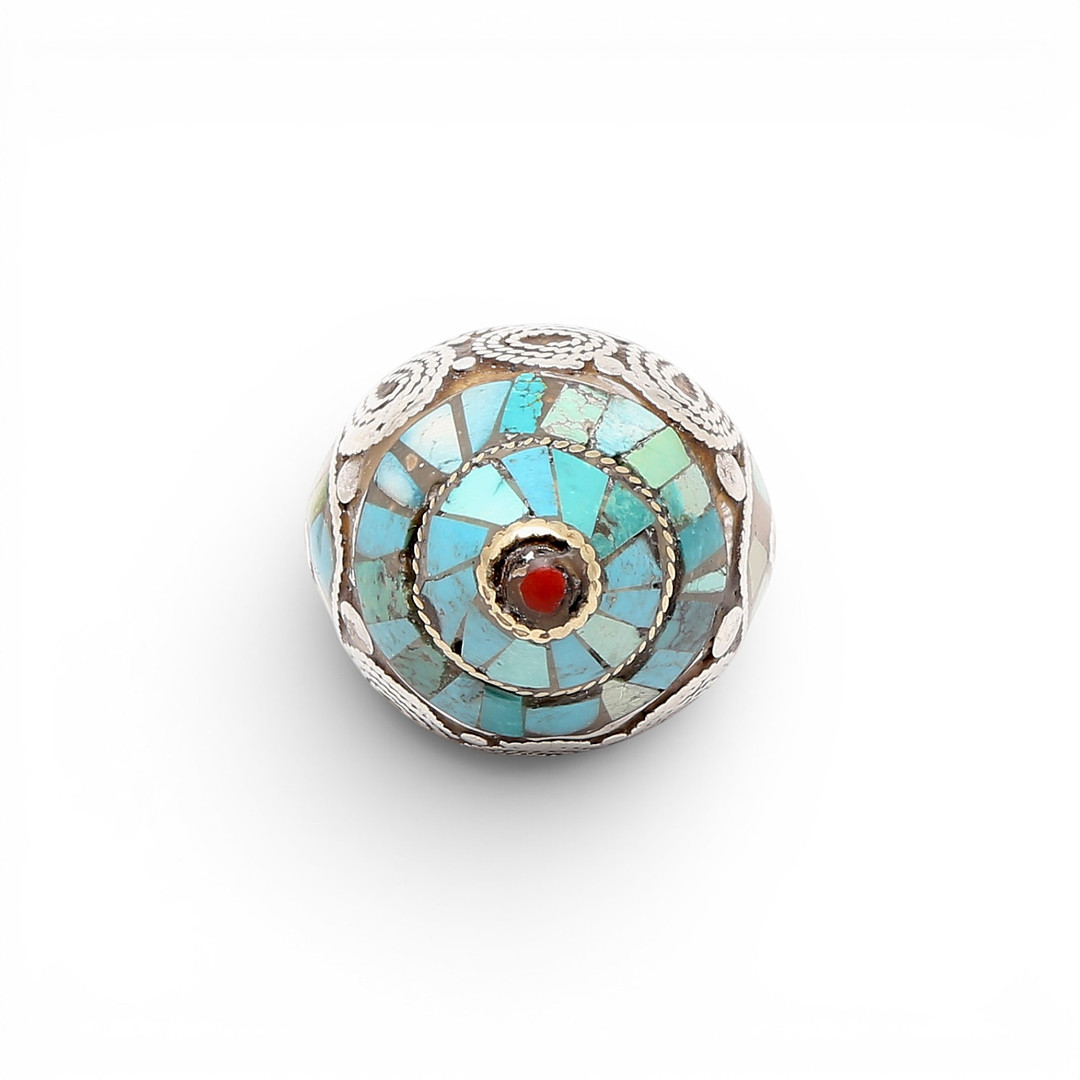 Probably Turkish silver ring with turquoise simile, coral simile and enamel, 20th Century.