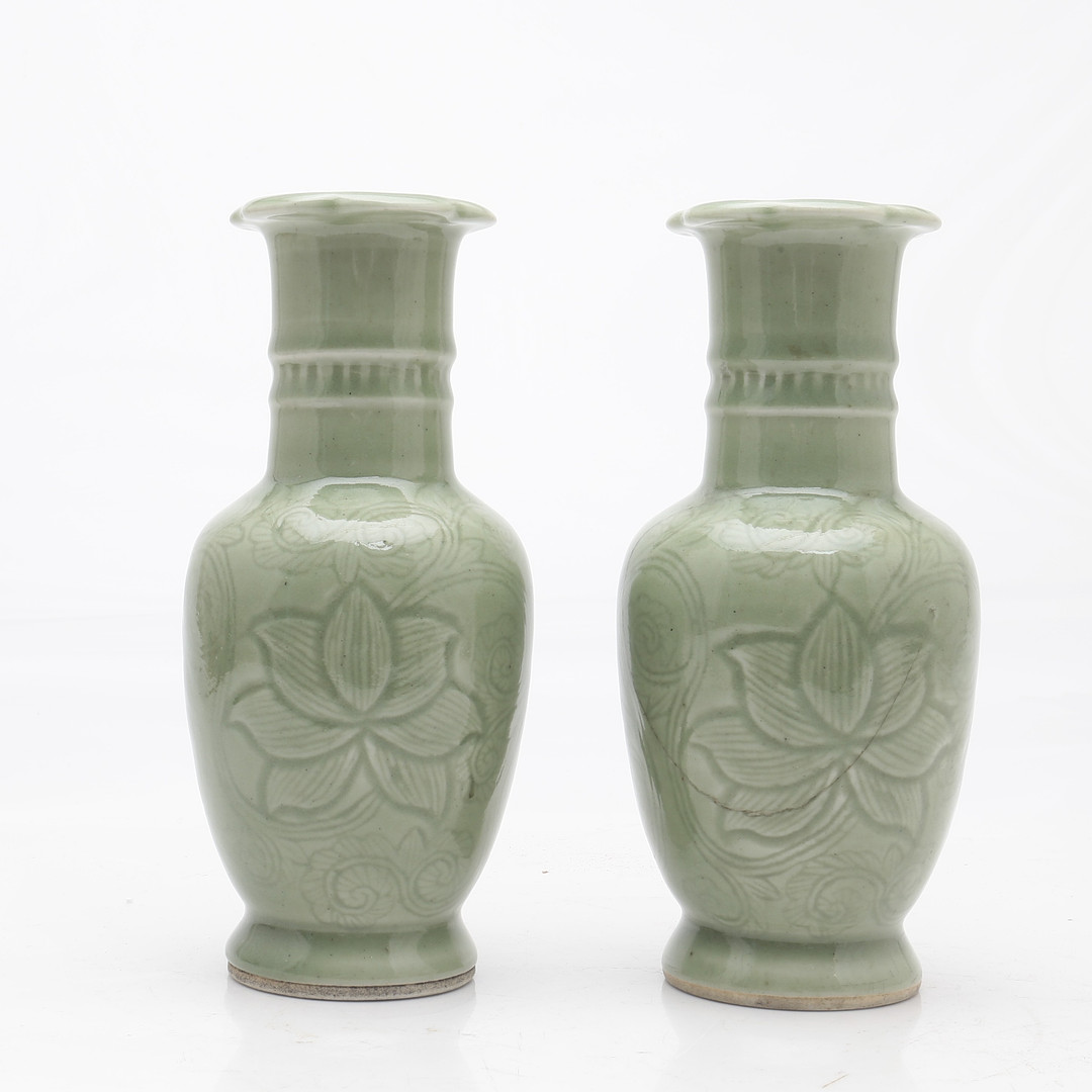 Pair of Chinese Longquan-style celadon porcelain vases, 20th century.
