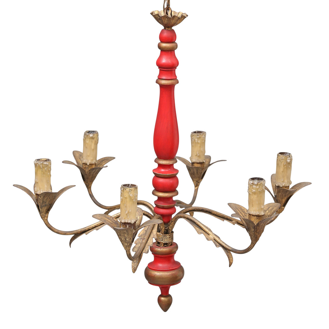 Ceiling lamp in polychrome and gilt wood with gilt metal arms, 20th Century.