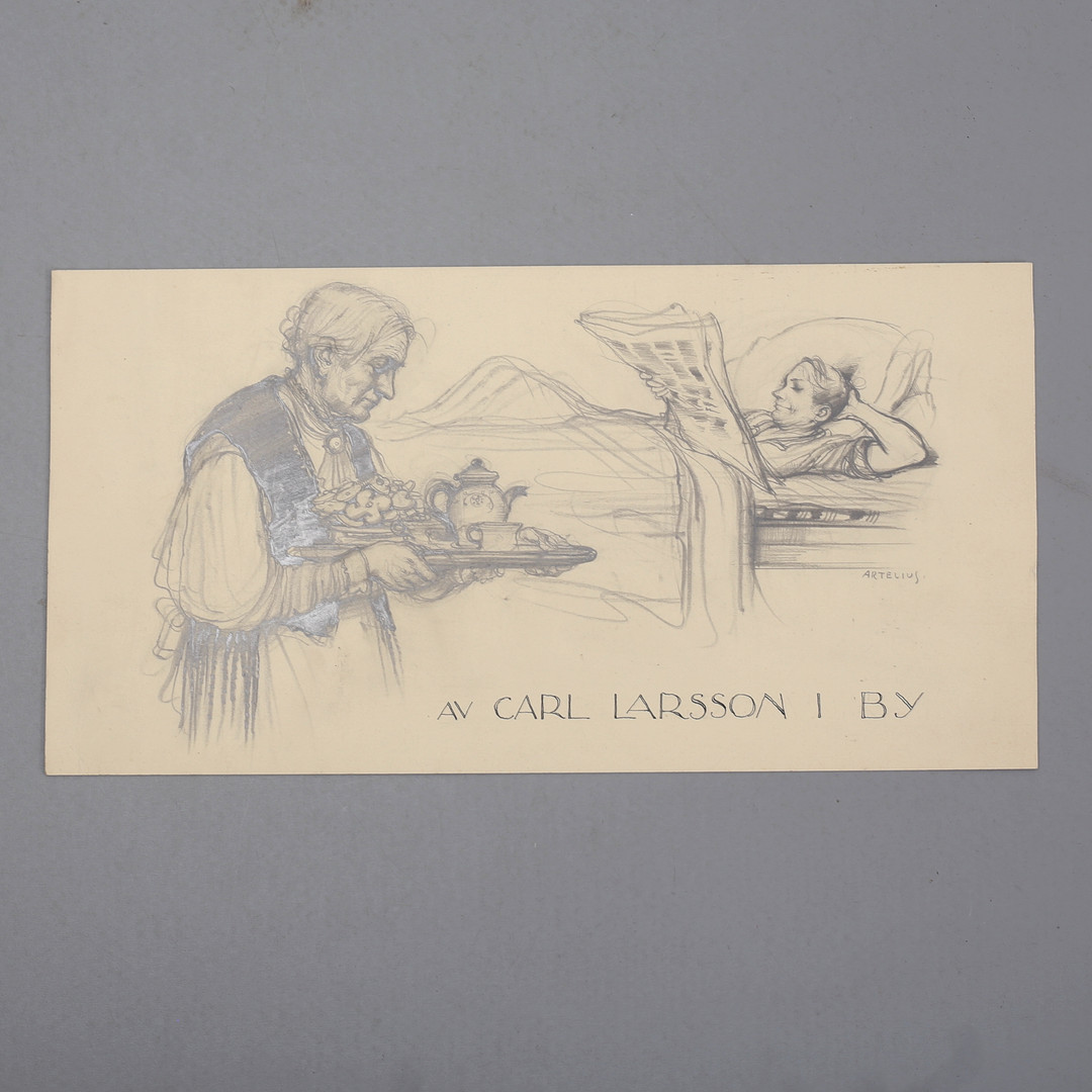 HELGE ARTELIUS. Två kvinnor. Blyertsteckning till bokomslag till författaren Carl Larsson i By, signerad.