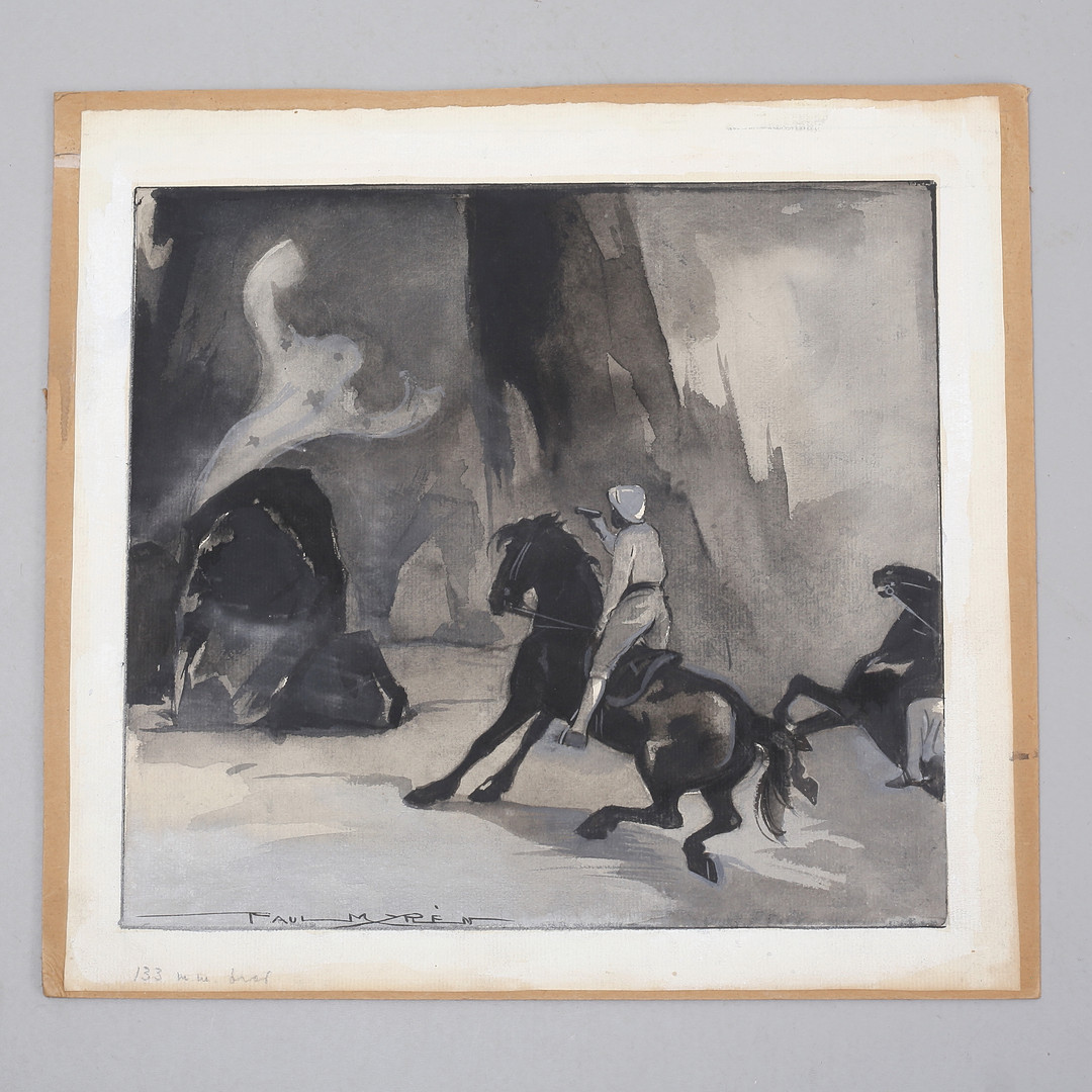 PAUL MYRÉN. Ryttare och spöke. Akvarell, signerad.