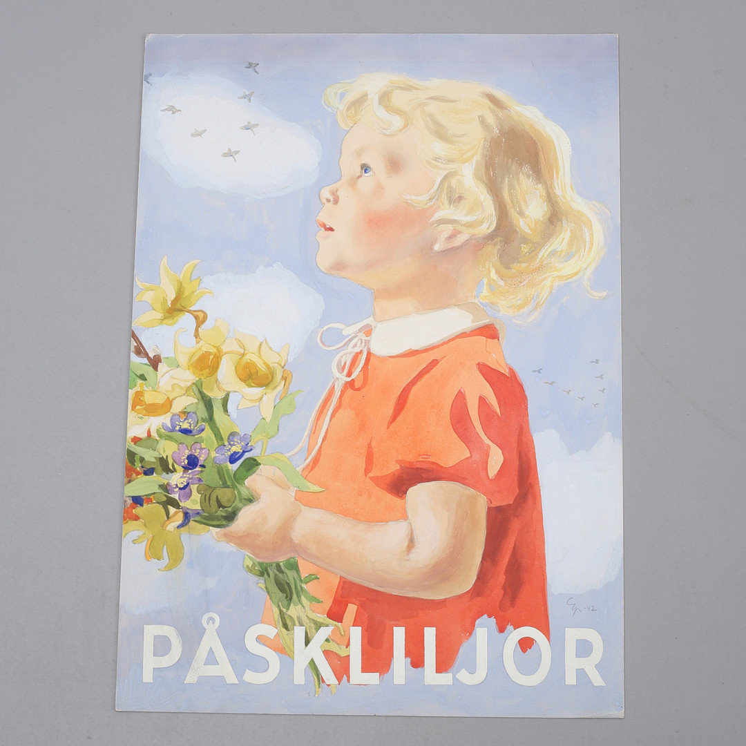 OIDENTIFIERAD KONSTNÄR. "Påskliljor". Akvarell på papp, otydligt signerad, daterad -42.