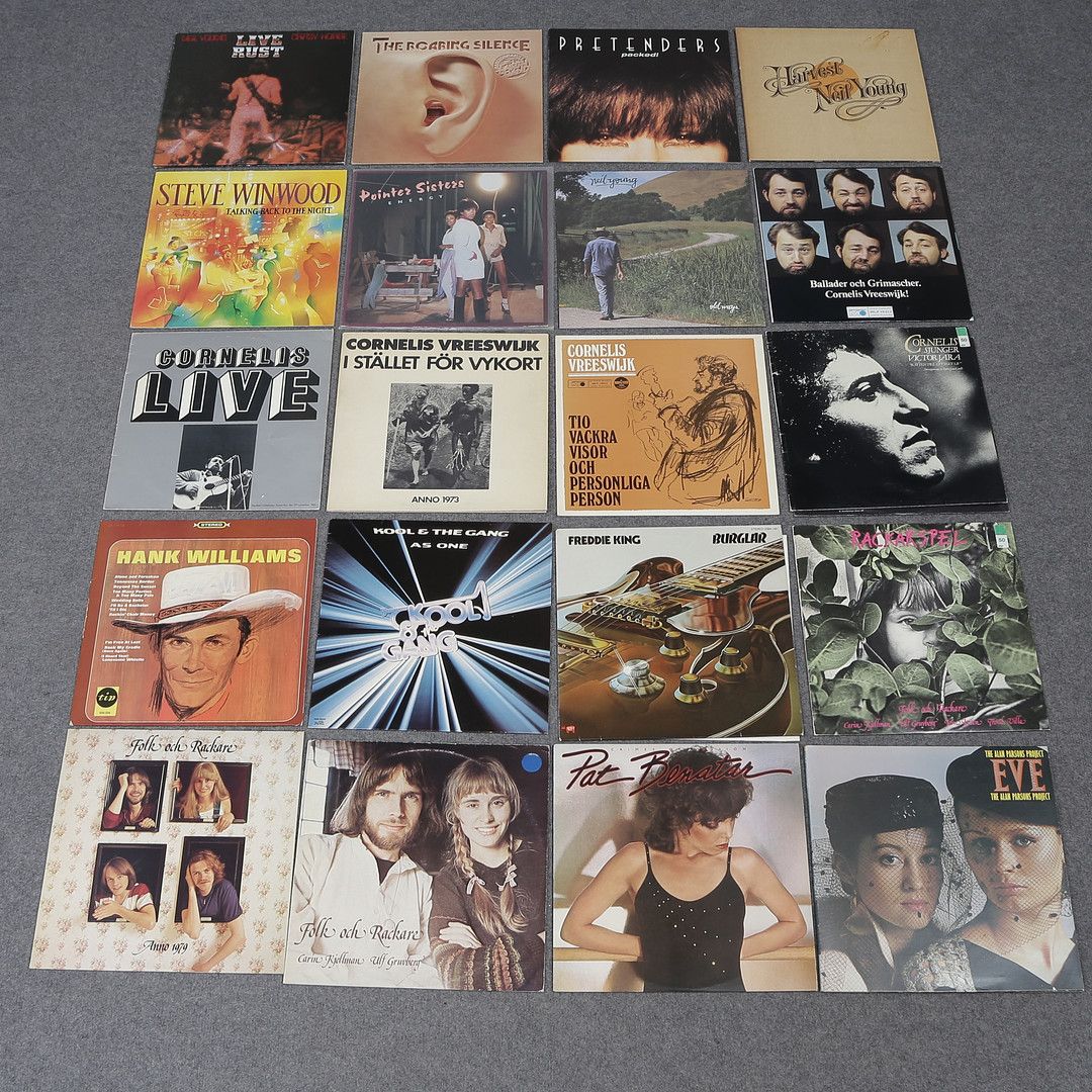 20 LP-SKIVOR, PAT BENATAR, FOLK OCH RACKARE, HANK WILLIAMS, CORNELIS VREESWIJK, NEIL YOUNG, POINTER SISTERS M.M.