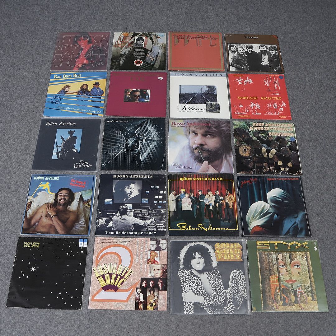 20 LP-SKIVOR, T-REX, STYX, BJÖRN AFZELIUS , HASSE ANDERSSON, BAD BOYS BLUE, JEFF BECK M.M.