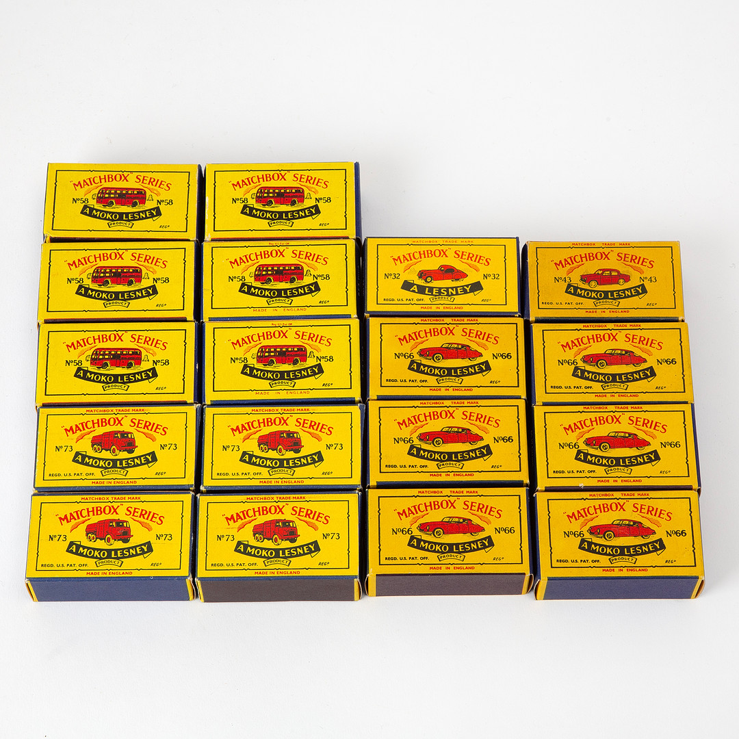 LESNEY, Matchbox series, modellbilar, 18 st, lackerad plåt, 1950/60-tal.
