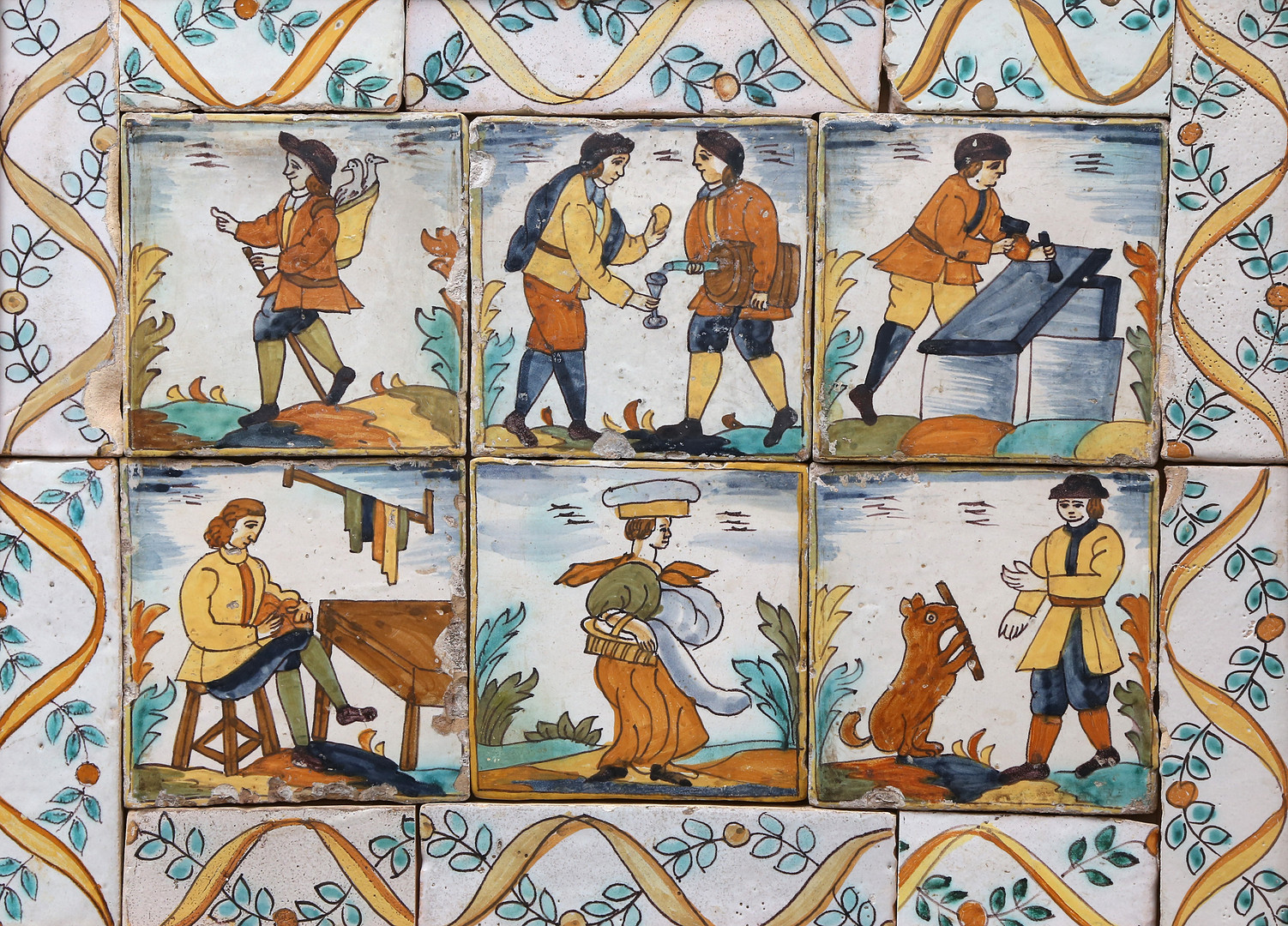 Panel of six Catalan 'Arts and Crafts' tiles, 18th century.