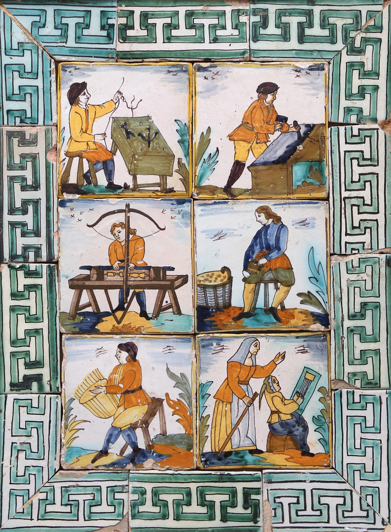 PANEL of six Catalan "Arts and Crafts" tiles, 18th century.