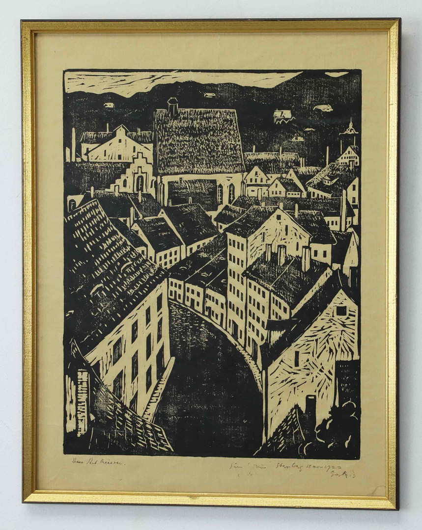 GÖSTA BOHM. Linoleum, stadsbild Meissen, signerad och daterad 1922.