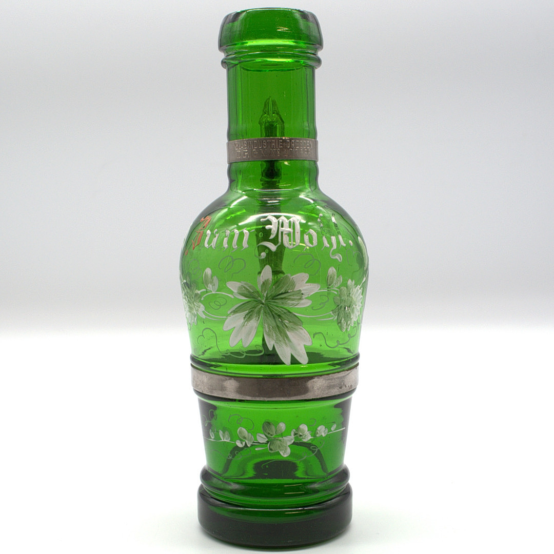 GLASINDUSTRIE DRESDEN. DEUTSCHLAND, GLAS-/ZINNFLASCHE MIT FEINER EMAIL MALEREI, FRÜHES 20. JAHRHUNDERT.