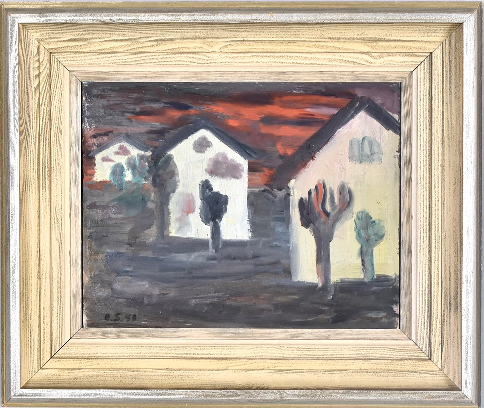 OIDENTIFIERAD KONSTNÄR. oljemålning på pannå, skymningslandskap med hus.