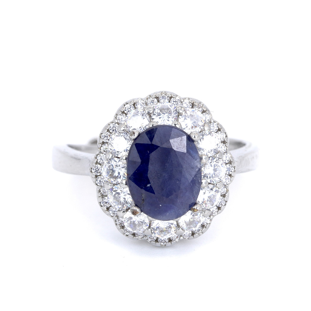 SILVER PLATE SAPPHIRE & CUBIC ZIRCONIA SET RING.
