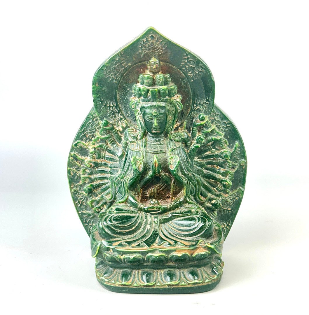 CHINESE FAUX JADE DEITY.