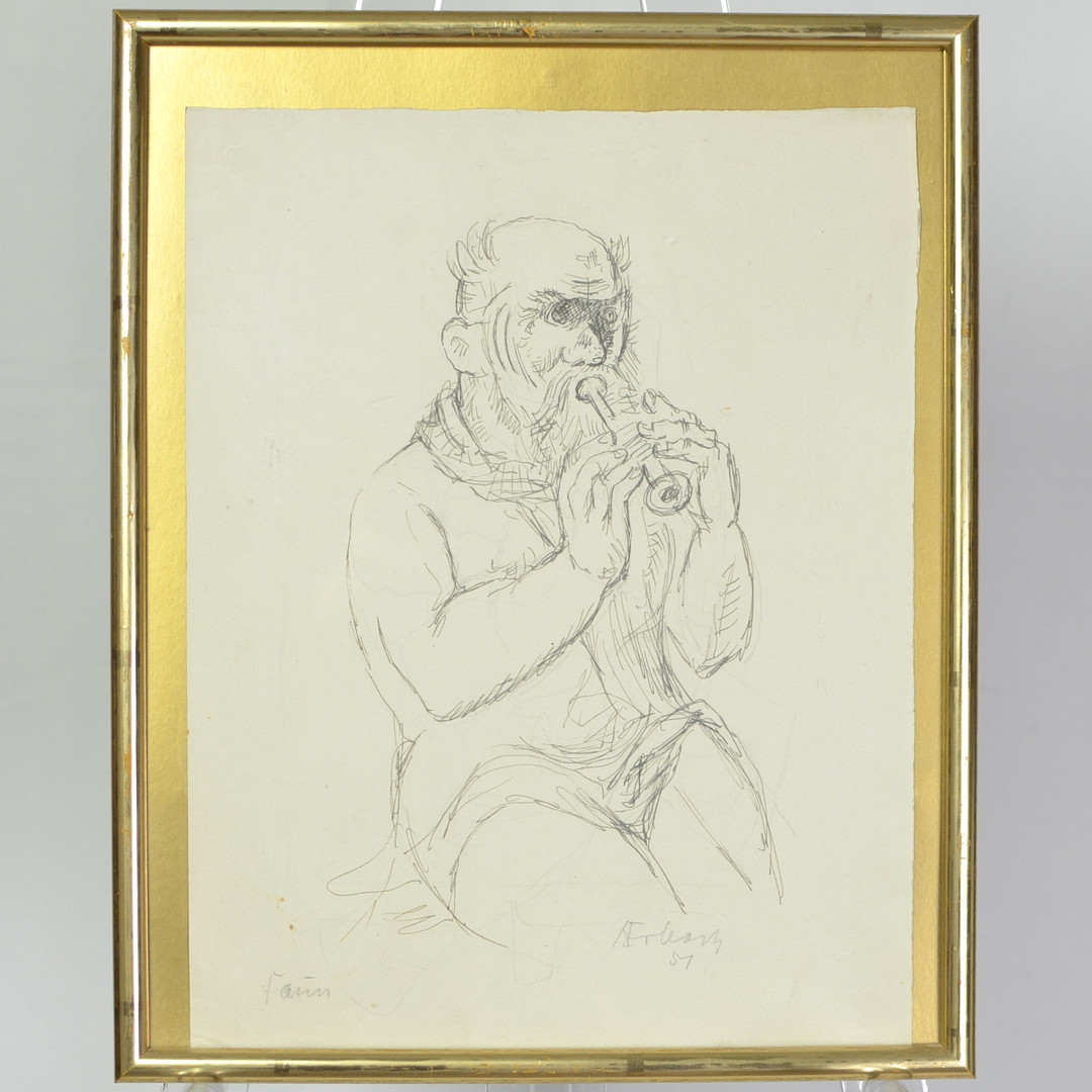 ALOIS ERBACH (1888-1972). "FAUN", FEDERZEICHNUNG ÜBER BLEISTIFTZEICHNUNG AUF PAPIER, GERAHMT, SIGNIERT, 1951, HANDSIGNIERT UND DATIERT.