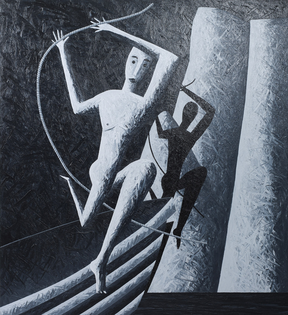 RUSS WARREN. "Jumping Ship", olja på duk, signerad samt daterad 2/82.