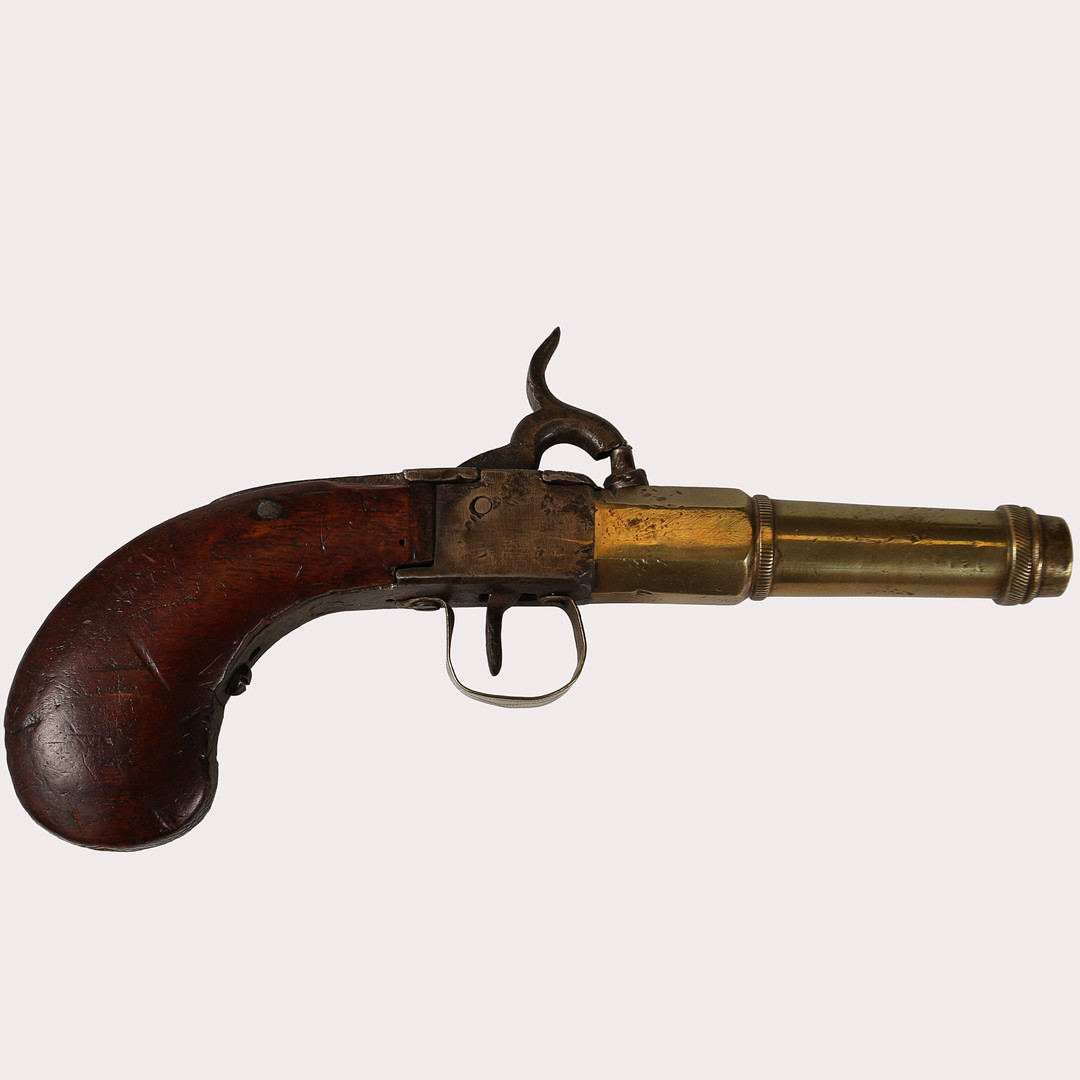 SLAGLÅSPISTOL. Belgien, ca 1850-tal, mässing/stål.
