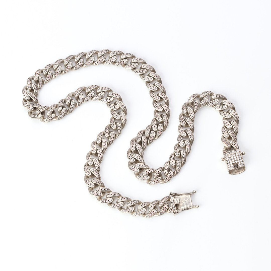COLLIER, PANSARLÄNK. Sterlingsilver med färglösa stenar, Birmingham, England, vikt ca 83,8 gram.